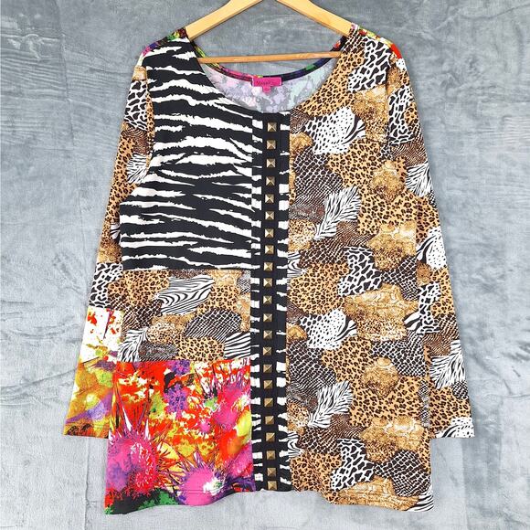 Womens Top‎ XL Statement Artsy Unique Animal Floral Patchwork Studded Maximalist - Picture 1 of 7